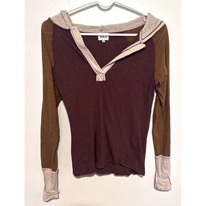 BKE Buckle Hoodie Top Women’s Medium Brown Multi Colorblock Cotton Raglan Shirt